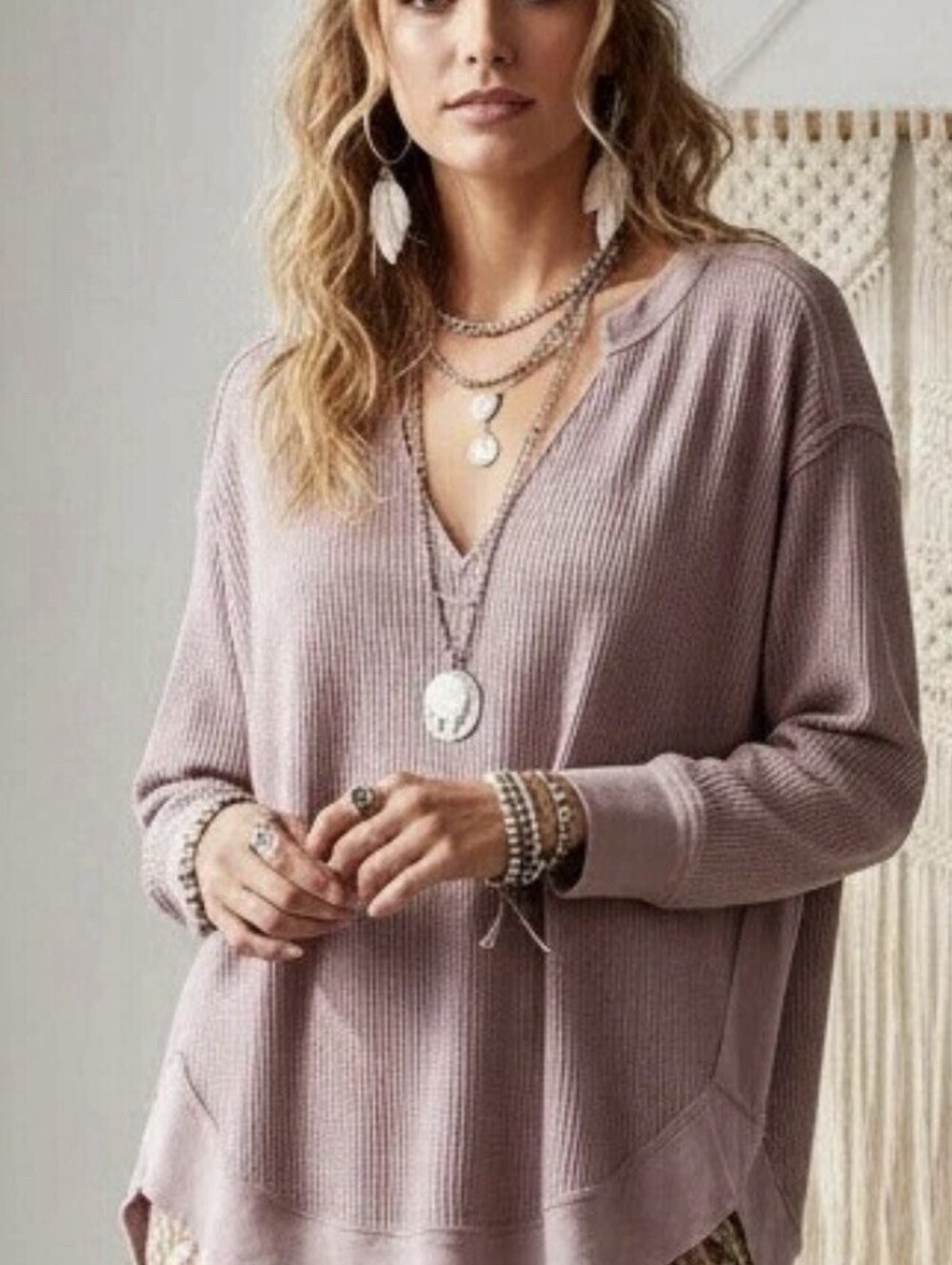 We The Free Free People Catalina Thermal Top Mauve Pink Waffle Knit S NWOT